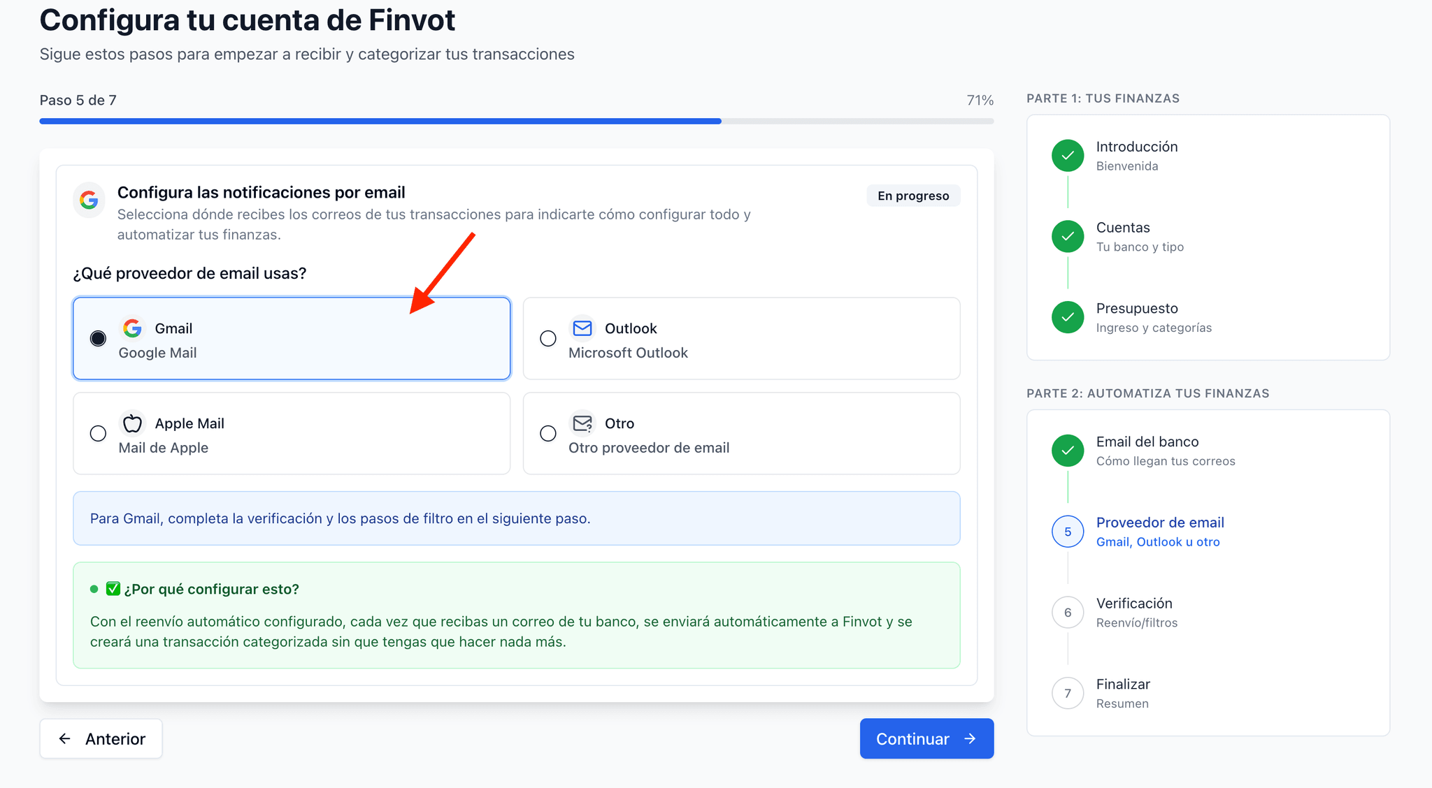 Pantalla de onboarding de Finvot con Gmail seleccionado como proveedor de correo.