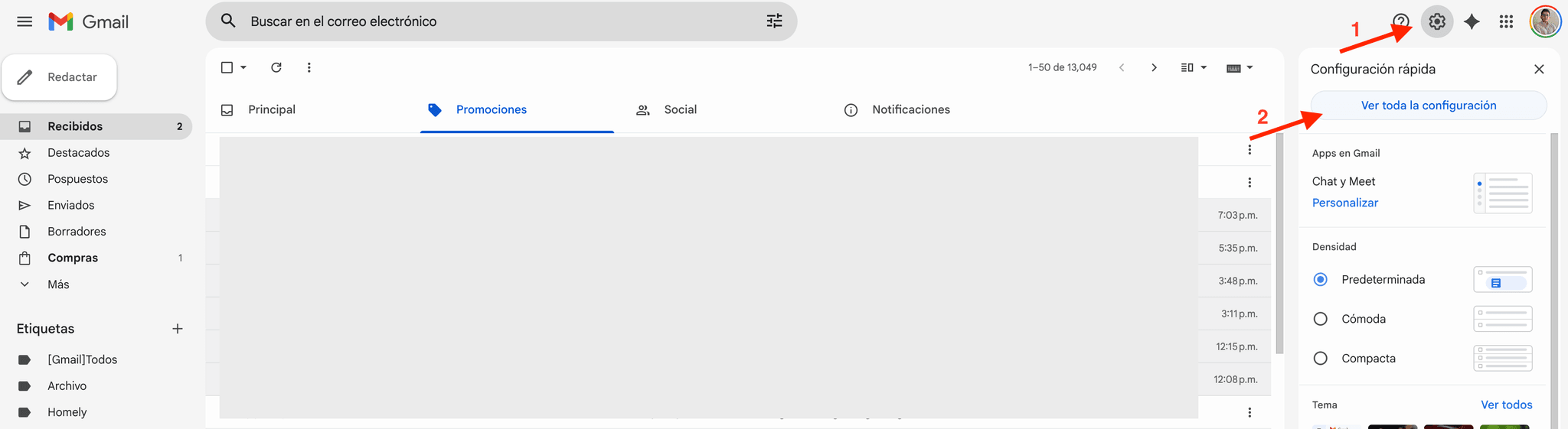 Menú de configuración rápida de Gmail con la opción Ver toda la configuración.
