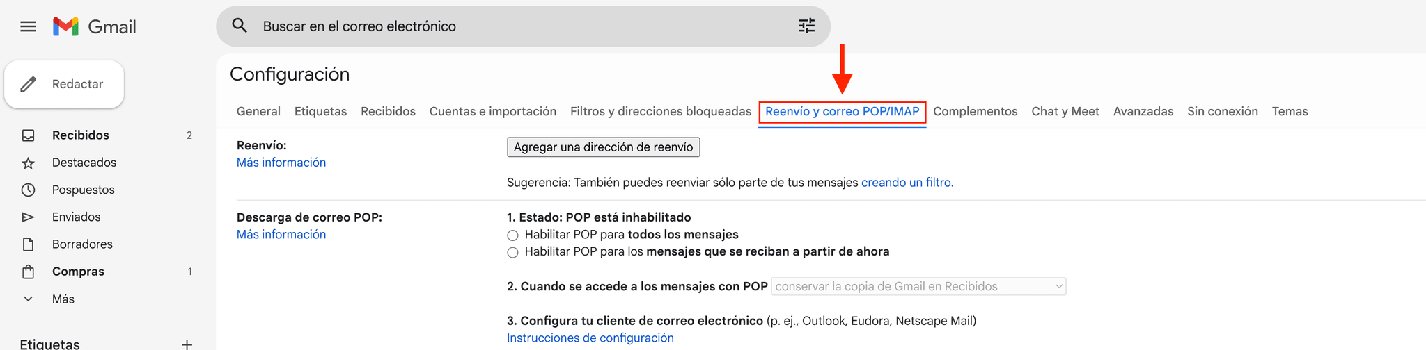 Pestaña Reenvío y correo POP/IMAP resaltada en la configuración de Gmail.