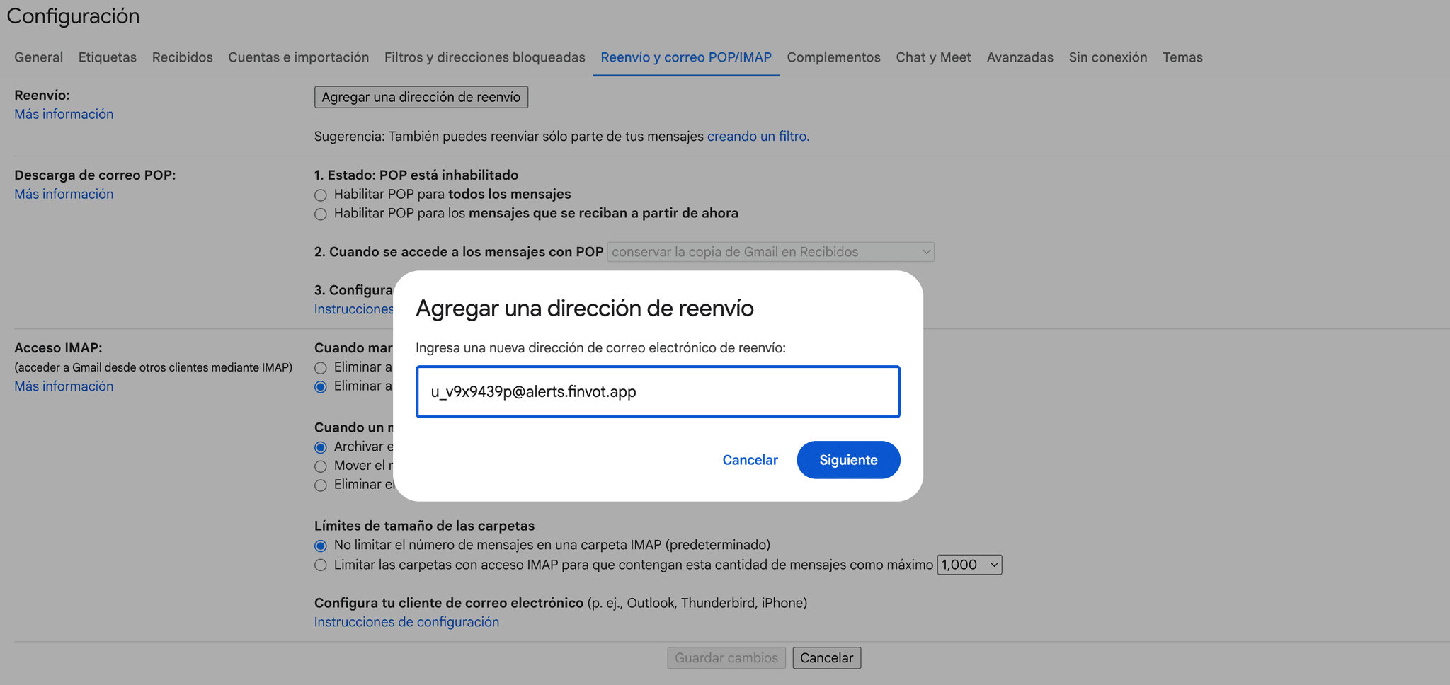 Cuadro de diálogo de Gmail para agregar una dirección de reenvío con el alias de Finvot escrito.