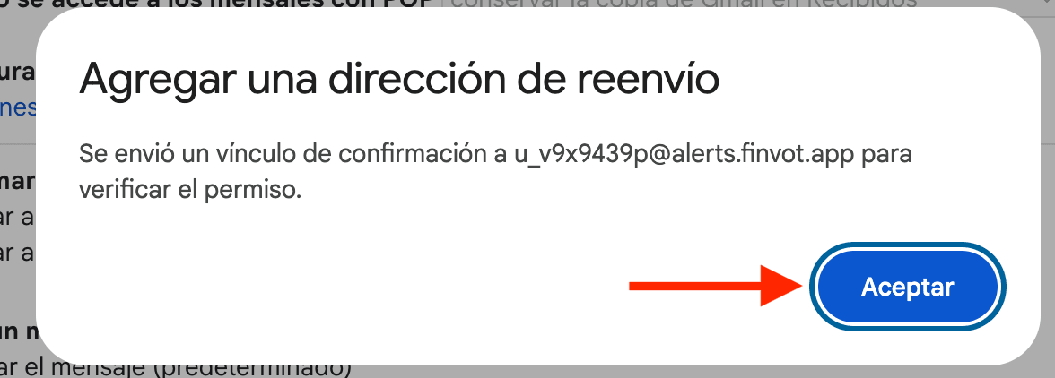 Aviso de Gmail indicando que se envió un vínculo de confirmación, con el botón Aceptar.