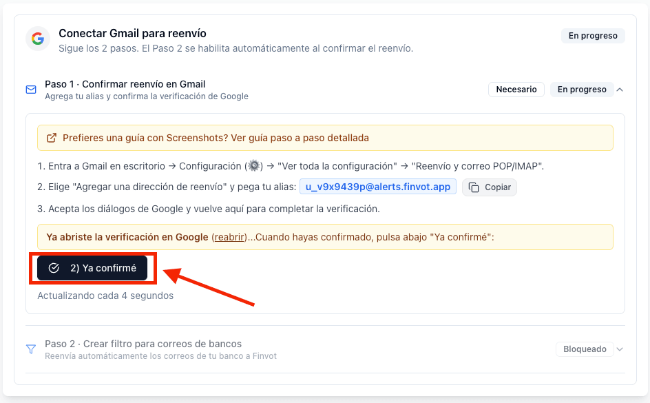Pantalla de Finvot con el botón Ya confirmé para finalizar el Paso 1.