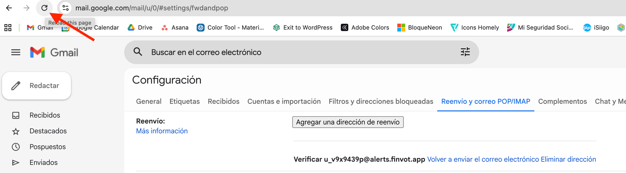 Página de Gmail recargada mostrando el alias de Finvot ya registrado como dirección de reenvío.
