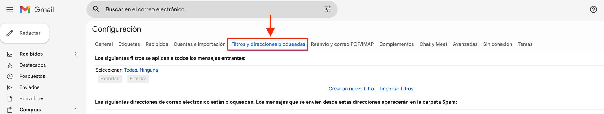 Pestaña Filtros y direcciones bloqueadas resaltada en la configuración de Gmail.