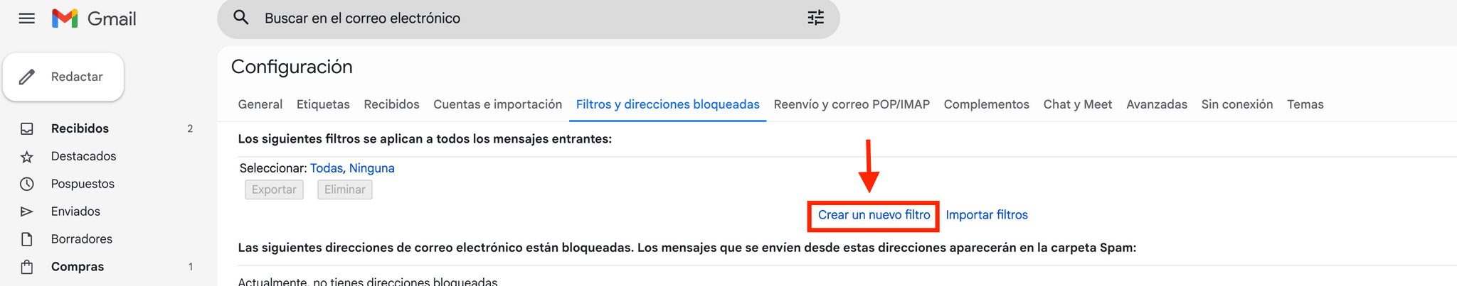 Enlace Crear un nuevo filtro resaltado en Gmail.