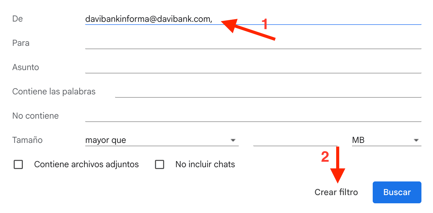 Campo De del filtro de Gmail con la dirección del banco y el botón Crear filtro.