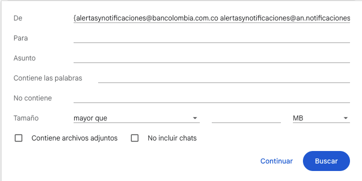 Campo De del filtro de Gmail con varios correos de Bancolombia entre corchetes.