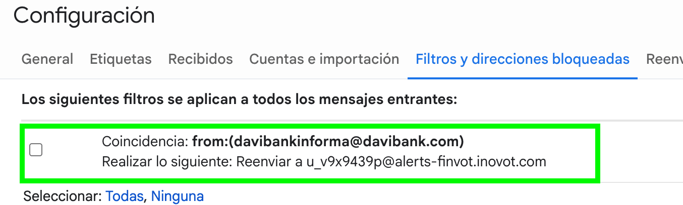 Filtro de Gmail creado mostrando la coincidencia del banco y la acción Reenviar al alias de Finvot.