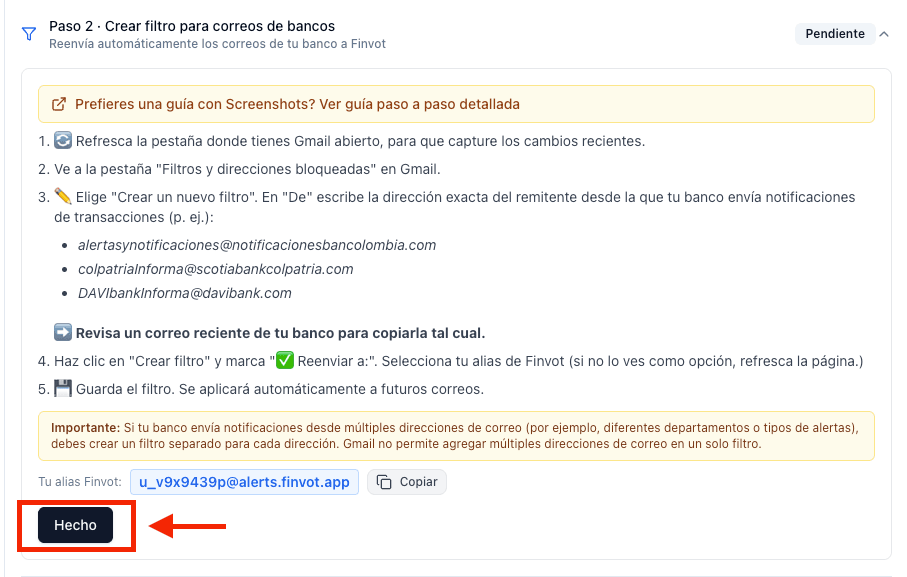 Pantalla del Paso 2 en Finvot con el botón Hecho para finalizar la configuración.