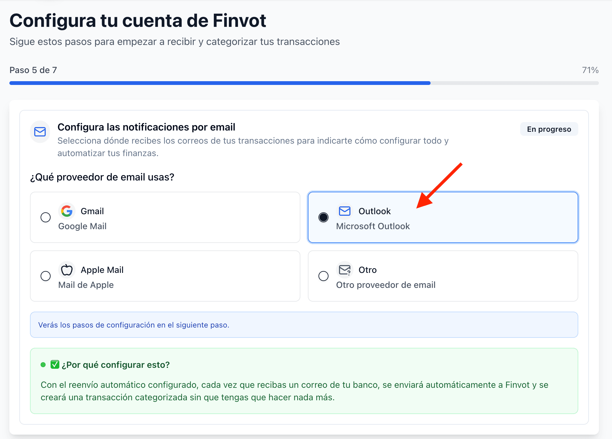 Finvot onboarding screen with Outlook selected as the email provider.