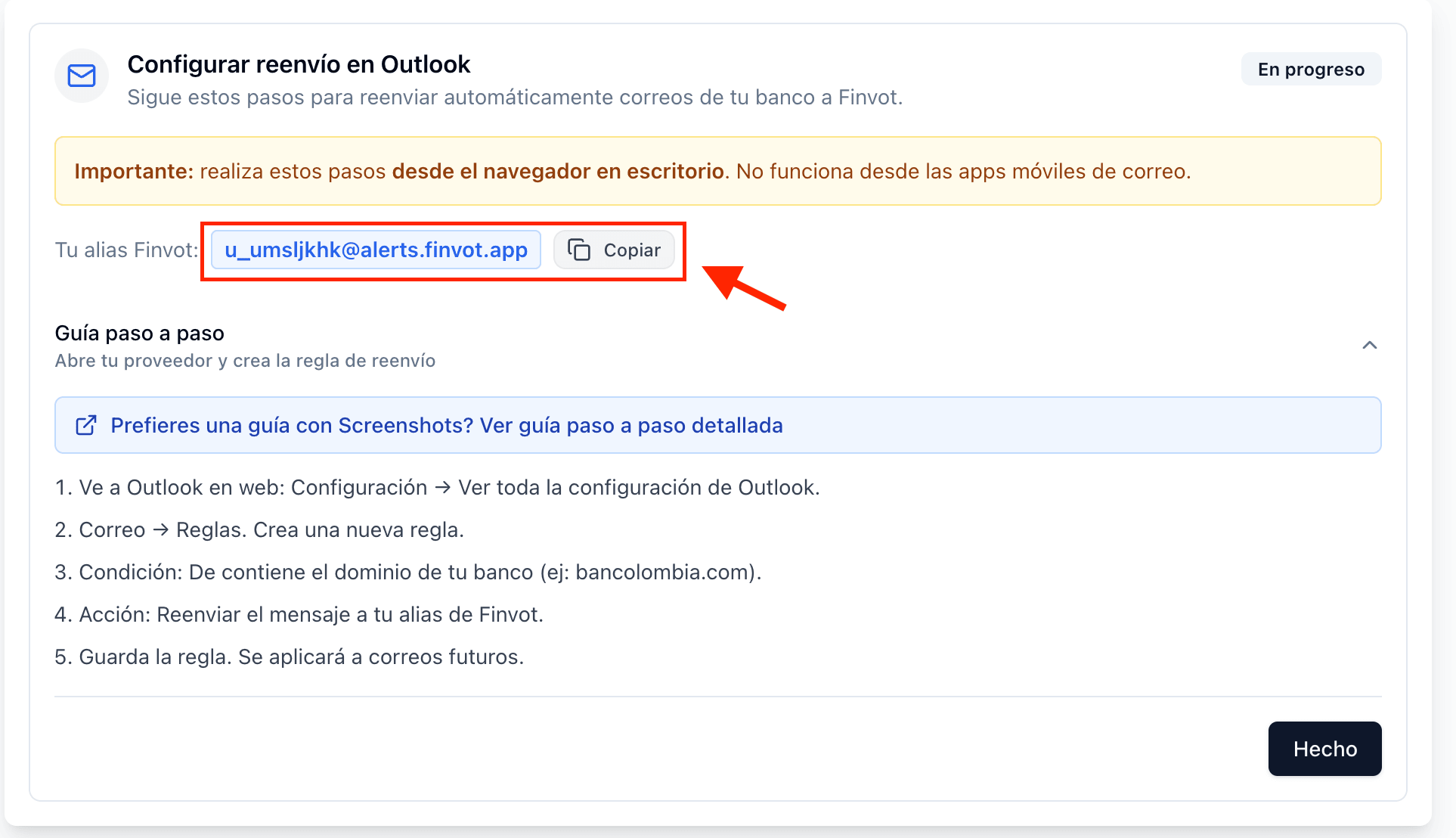 Finvot screen to set up Outlook forwarding with your alias and the Copy button.