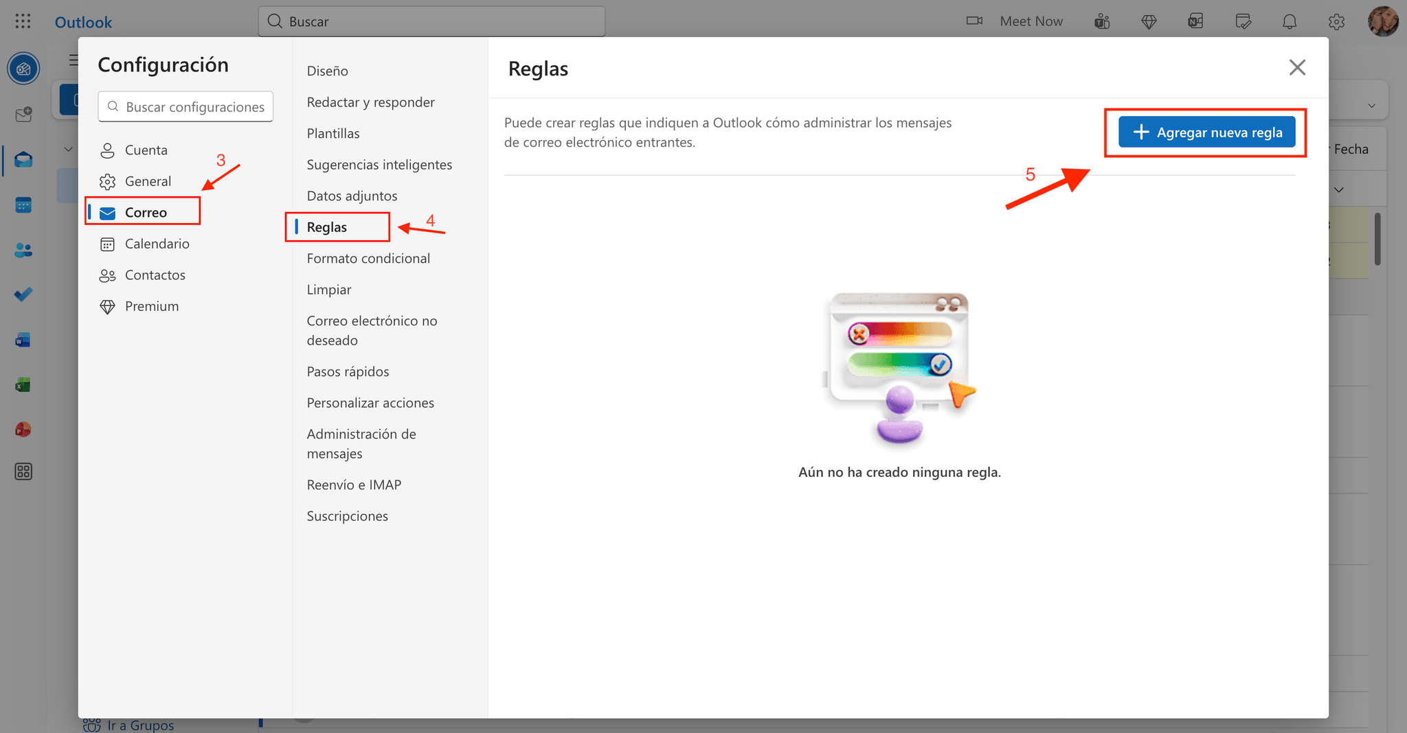 Outlook settings with Mail and Rules selected and the Add new rule button highlighted.