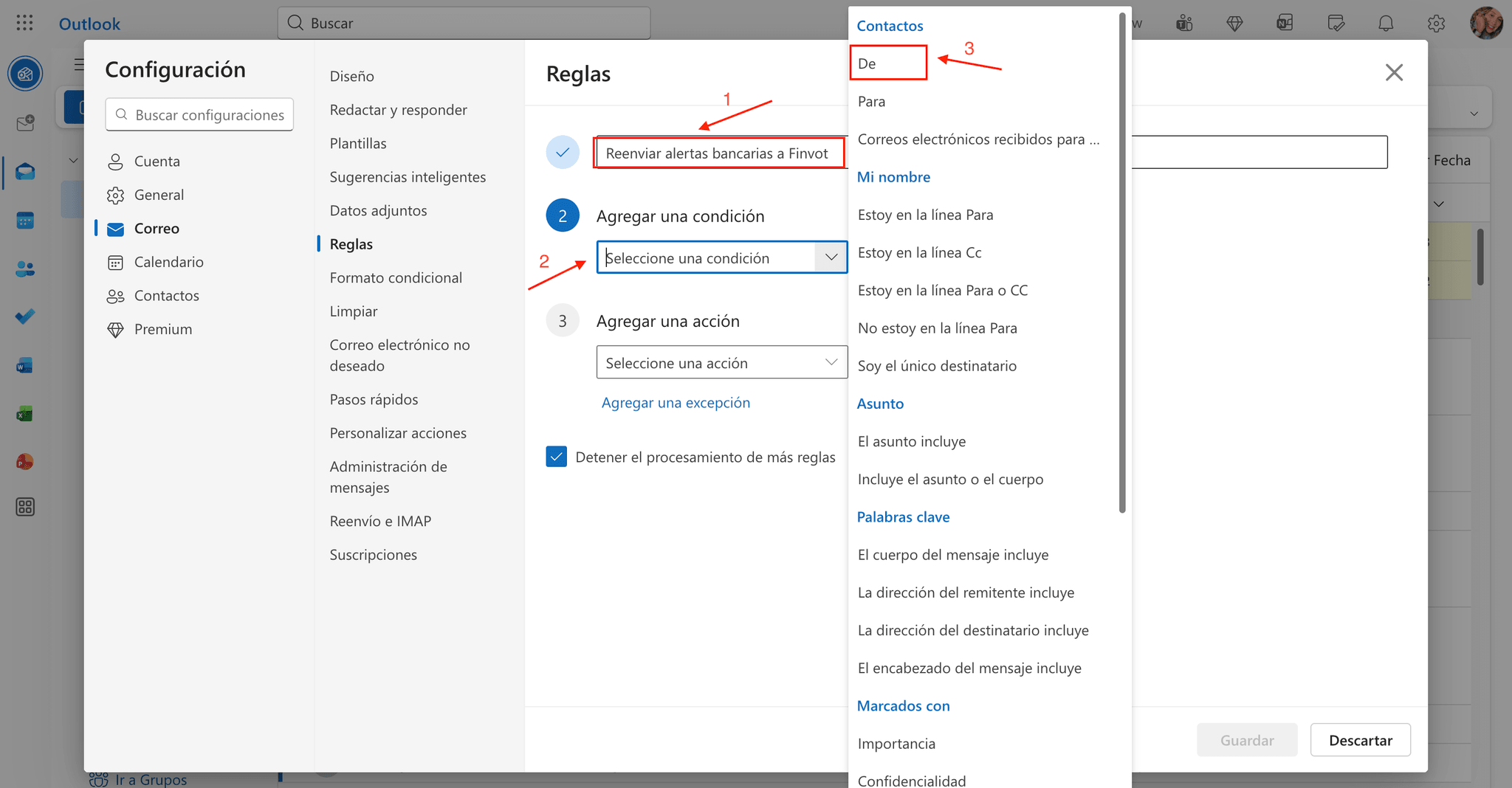 Outlook rule with the name typed in and the From condition selected.