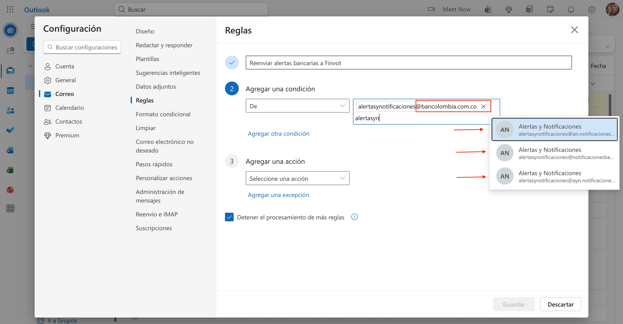 From condition of the Outlook rule with the bank domain typed in and the email suggestions.