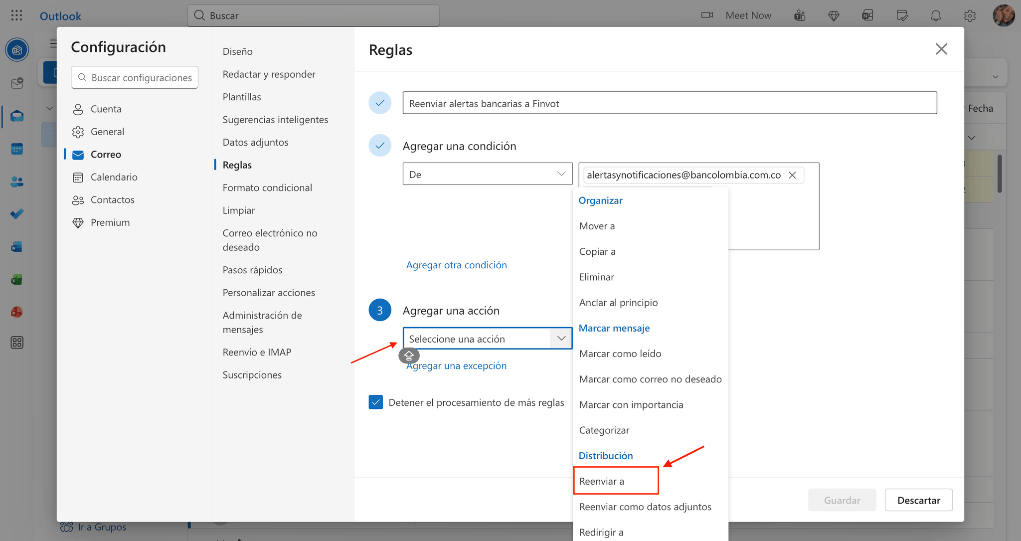 Outlook rule action menu with the Forward to option highlighted.
