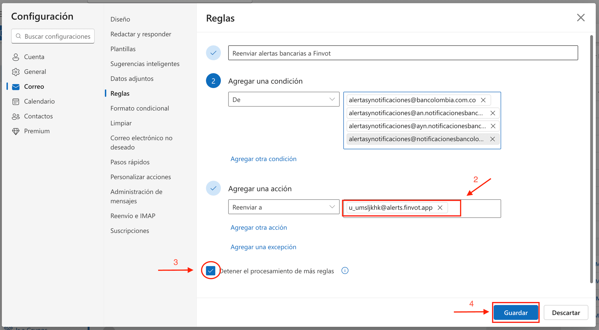 Complete Outlook rule with the bank conditions, the Forward to Finvot alias action, and the Save button.