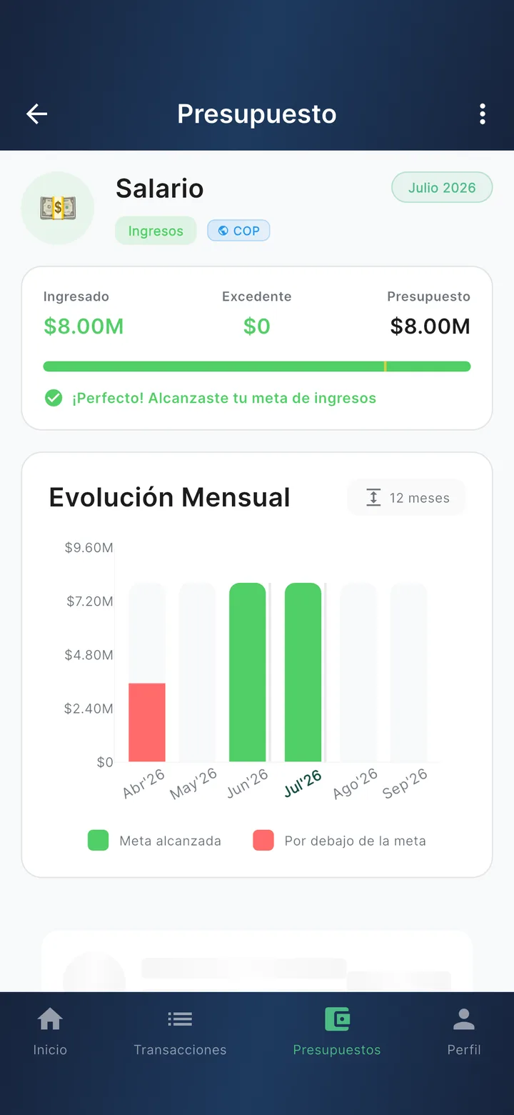 Salary income budget detail with the goal reached.