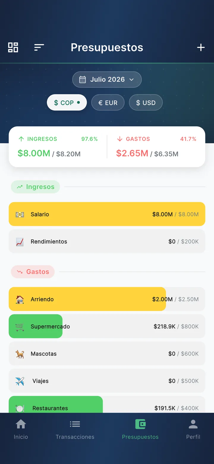 Budgets tab with the month's summary and the per-category list with green and yellow bars by state.