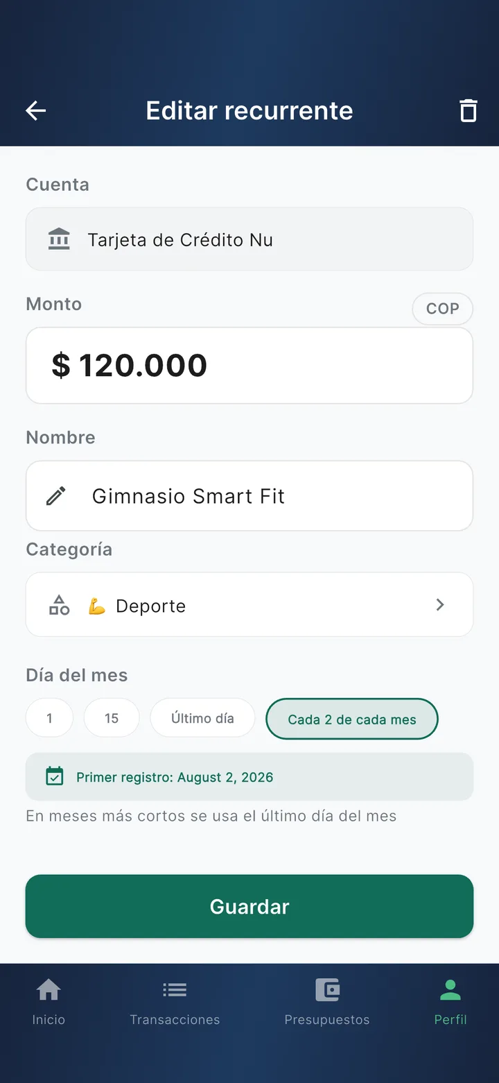 Formulario de un recurrente: cuenta, monto, nombre, categoría y día del mes con opciones 1, 15, último día o personalizado.