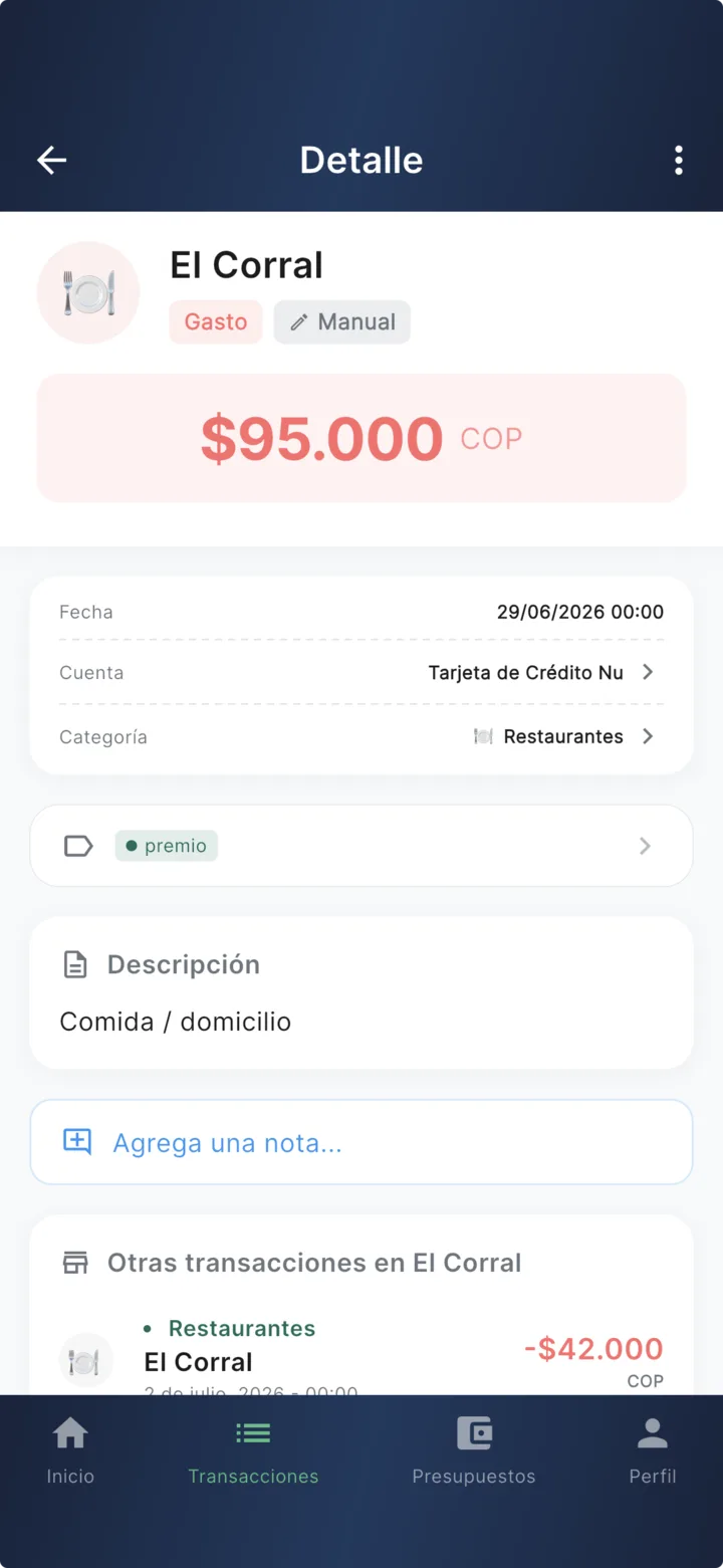 Transaction detail at El Corral: amount, date, account, Restaurants category, tag, description, and other transactions at the same merchant.