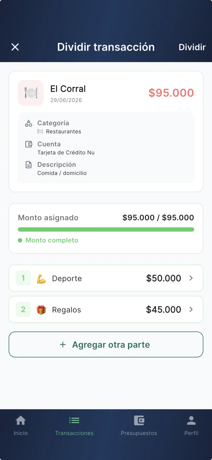 Split transaction screen: the original El Corral $95,000 divided into Sports ($50,000) and Gifts ($45,000), with the full amount assigned.